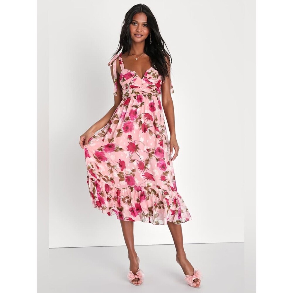 Lulu's Lush Loveliness Pink Floral Jacquard Tie Strap Midi Dress Size Large